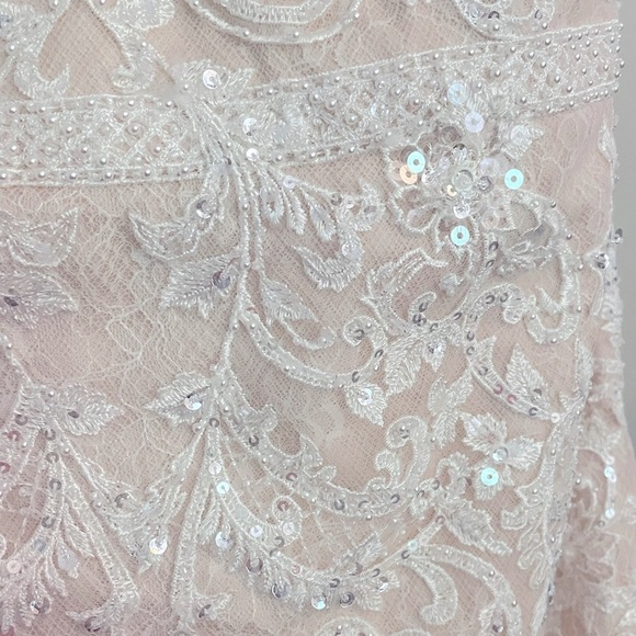 Oleg Cassini CWG807 cap sleeve plunging V neck. Ivory rose gold w/chapel train. - Picture 10 of 14